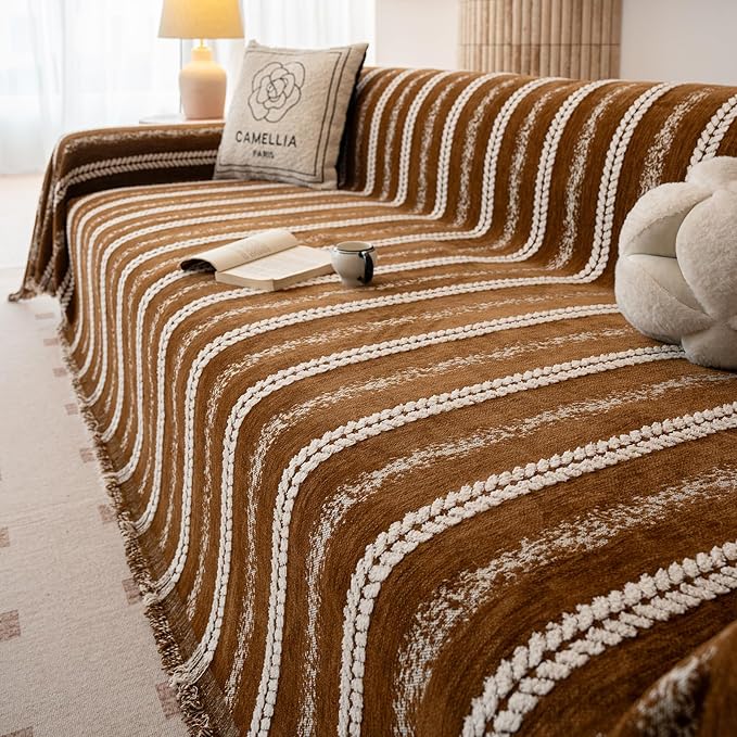 VClife Sofa Cover Bohemian Striped Pattern Couch Cover for Oversized Sofa - Caramel Brown Creamy White Textured Sofa Slipcover Washable Furniture Protector for Couch Decorative Couch Cushion Cover