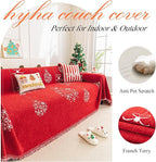hyha Couch Cover for Dogs, Boho Sofa Covers for 3 Cushion Couch Washable, Chenille Sofa Slipcover for Pets, Soft Loveseat Sectional Couch Throw Blankets with Tassels (Red Snowflakes, 71x134 Inch)