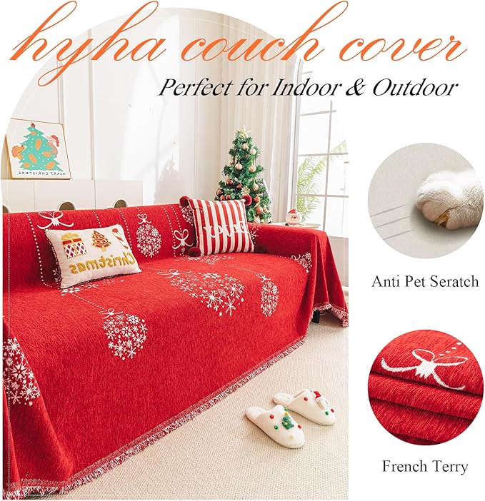 hyha Couch Cover for Dogs, Boho Sofa Covers for 3 Cushion Couch Washable, Chenille Sofa Slipcover for Pets, Soft Loveseat Sectional Couch Throw Blankets with Tassels (Red Snowflakes, 71x134 Inch)