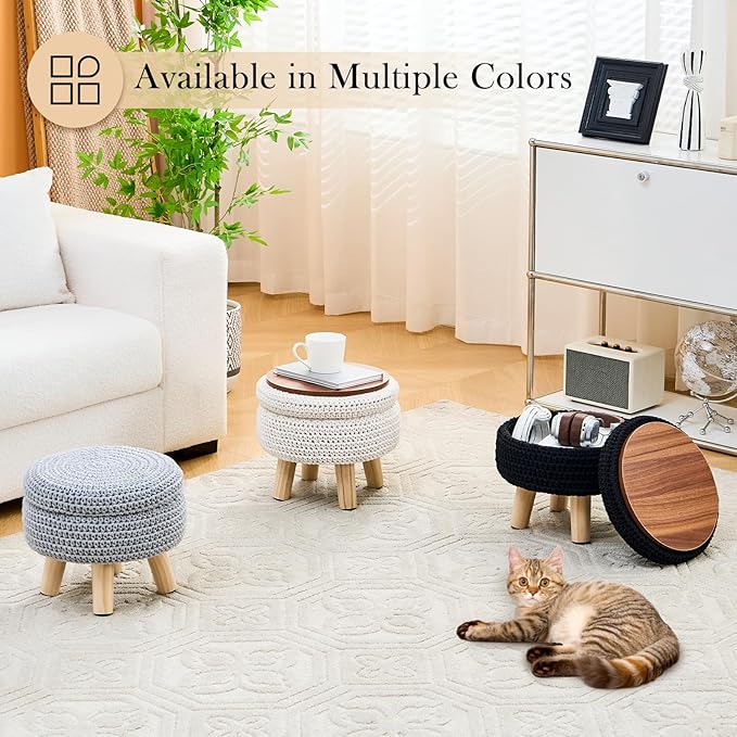Round Storage Ottoman Foot Rest Cotton Braided Foot Stool Pouf Ottoman with Solid Wood Legs Footstool with Storage Shoe Changing Stool for Living Room White