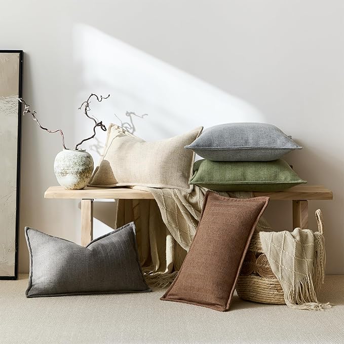 18x18 Linen Pillow Covers Sage Green Pack of 2 Farmhouse Boho Neutral Accents Striped Textured Square Decorative Throw Pillow Cases for Living Room Couch Bed Home Decor