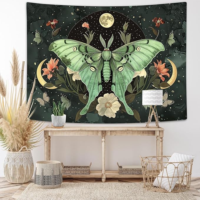 JAWO Green Butterfly Moon luna moth Flower Tapestry Boho Floral Plant moth Tapestries for Bedroom Aesthetic Tapastry's Wall Hanging Mandala Botanical Wall Tapestry for Living Room Dorm 80X60
