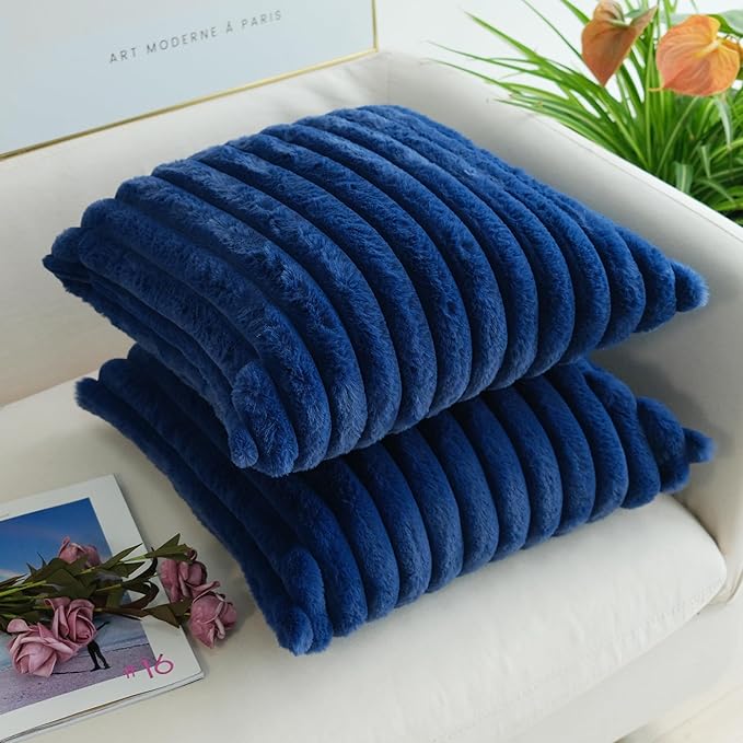JOJUSIS Pack of 2 Faux Fur Plush Decorative Throw Pillow Covers Couch Cushion Case Soft Pillowcases (Navy Blue, 18 x 18-Inch)