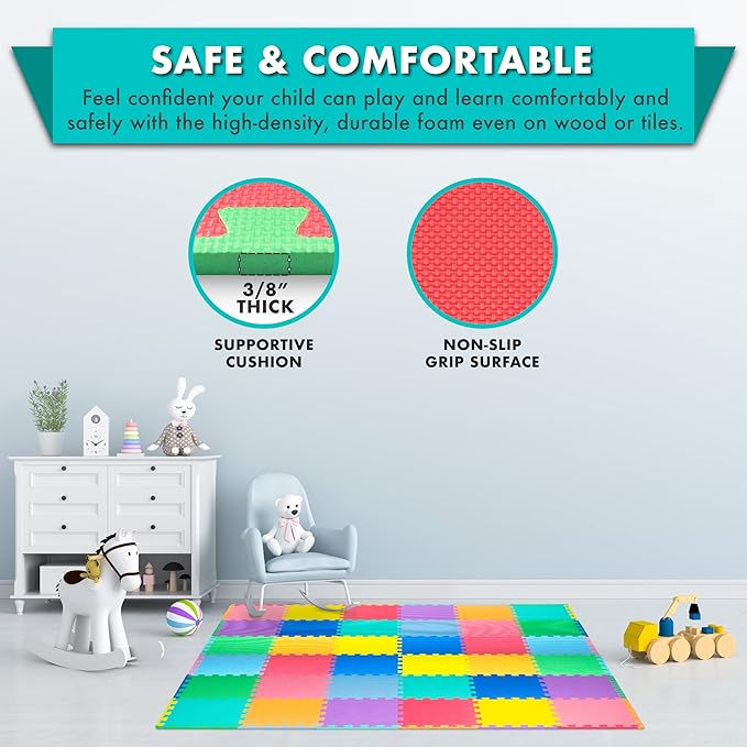 ProSource Foam Puzzle Floor Play Mat for Kids and Babies with Solid Colors, 36 or 16 Interlocking Tiles with Borders, Assorted
