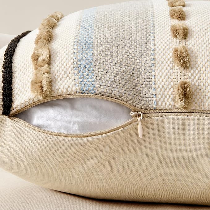 ANRODUO Pack of 1 Boho Decorative Throw Pillow Covers 18x18 Farmhouse Cushion Case Striped Chenille Pillow Cases Square Pillow Covers Accent Neutral Pillowcase for Sofa Couch Bed, Light Blue Stripe