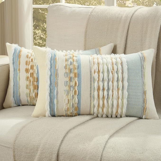 FUTEI Blue Light Green Yellow Accent Throw Pillow Covers Set of 2, 12x20 Inch Plush Tufted Striped Textured Decorative Pillow Cases for Farmhouse Boho Couch Decor