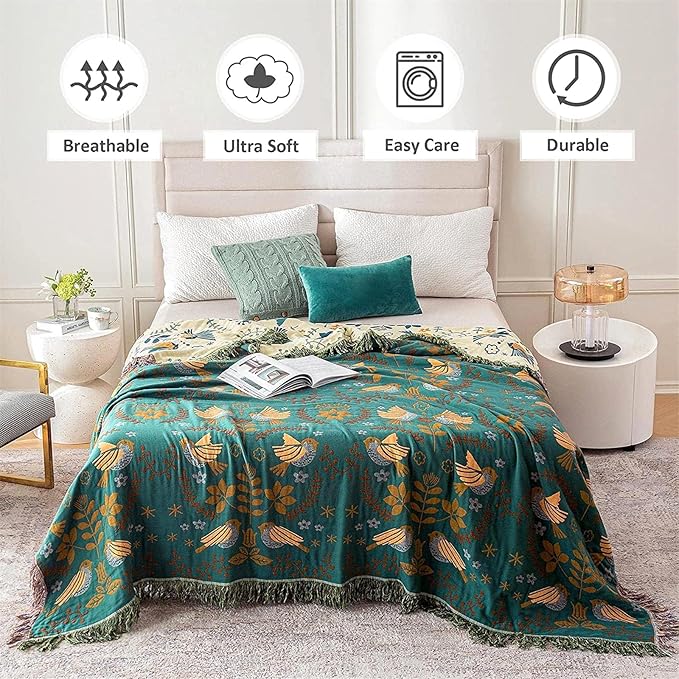 Boho Throw Blanket for Bed 100% Cotton Soft Quilt Spring Lightweight Blanket Bird Floral Embroidery Room Decor Twin Bed Blankets,60"x80" All Season Breathable Throw for Sofa&Couch Chair