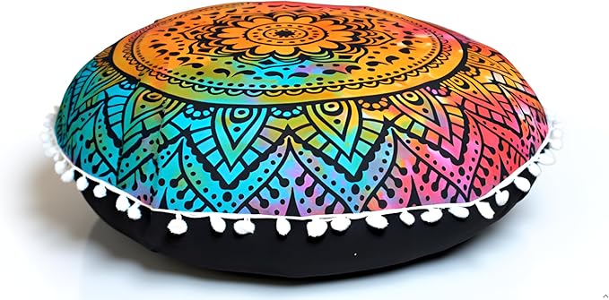 Round Mandala Floor Pillow Cover Seating Cushion Throw Cover Hippie Decorative Bohemian Ottoman Pouf Cover, Pom Pom Pillow Cases,Boho Indian 22 Inches (Multi Flower)
