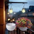 Hanging Pots for Plants Outdoor - 2 Pack White Artificial Rattan Solar Flower Baskets with Drainage Holes & Removable Tray, Garden Gifts for Women/Mothers, Porch, Balcony Decor