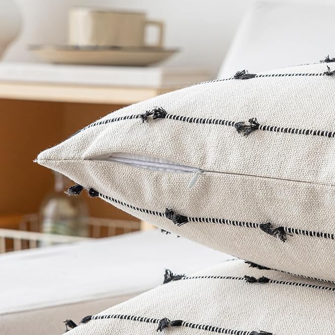 Boho Throw Pillow Covers 22x22 Set of 2 Modern Farmhouse Decorative Cushion Case Tufted Square Pillows Cover Neutral Pillow Cases Accent Pillowcase for Sofa,Couch,Bed,Beige and Black