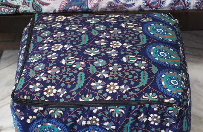 CRAFT KALA Indian Square Patchwork Traditional Pouf Cover Indian Living Room Pom Poufs Cover Decorative Designer Ottoman Home Living Footstool Chair Cover Ottoman Decor 22X22X14 inches, Blue Mirchi