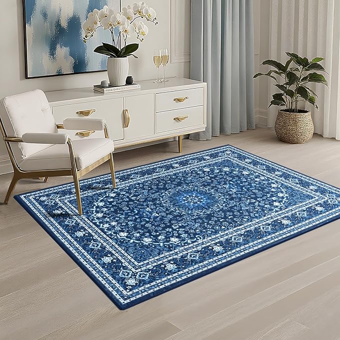 Lessymo 3 x 5 Area Rugs for Living Room- Machine Washable Area Rugs Boho Faux Wool Low Pile Area Rug for Bedroom Floral Medallion Vintage Rugs with Non-Slip Rubber, Kid & Pet Friendly,Blue White