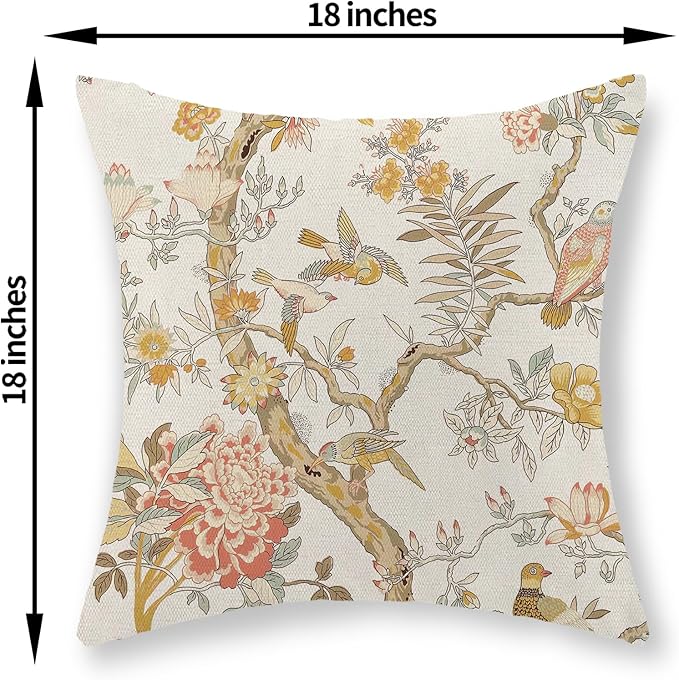 Chinoiserie Pillow Covers 18x18 Set of 2 Yellow Floral Bird Throw Pillows Green Vintage Flowers Bird Decorative Pillowcase Outdoor Chinoiserie Decoration Farmhouse Cushion Case for Couch Home