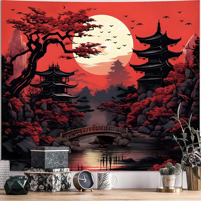 Atrippy Black and Red Japanese Anime Tapestry for Bedroom Aesthetic, Vintage Dark Japanese Room Decor Wall Hanging, Forest Tapestry for Boys Dorm Living Room 51x60 Inches
