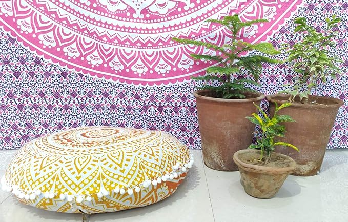 INDIAN CRAFT CASTLE 24" Yellow Ombre Mandala Barmeri Large Floor Pillow Cover Cushion Meditation Seating Ottoman Throw Cover Hippie Decorative Zipped Bohemian Pouf Ottoman Pom Pom Cases 24" Round