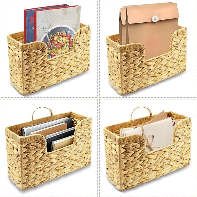 Woven Hanging Magazine Holder, Water Hyacinth Mail Basket Wall Mounted Magazine Basket Rack with Handle for Book, Files Bathroom, Home, Office - 11.75 X 4.2 X8 Inch