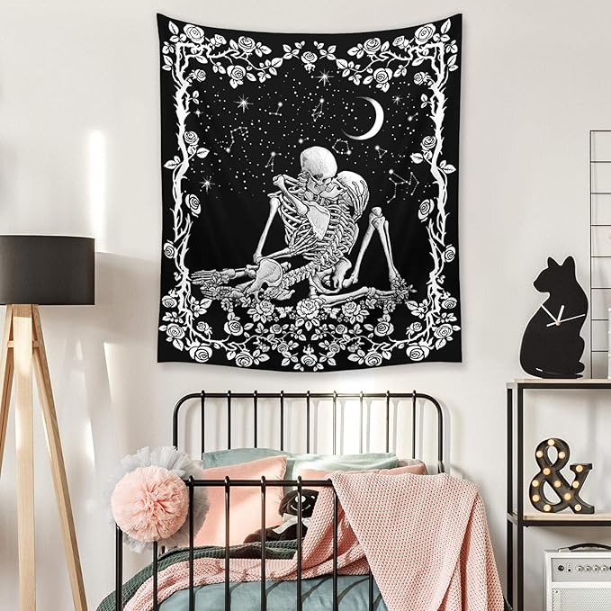 Wonrizon The Kissing Lovers Skull Tapestry,Black and White Romantic Constellation Skeleton Tapestries Wall Hanging decor for Living Room Bedroom (70.9" x 94.5")