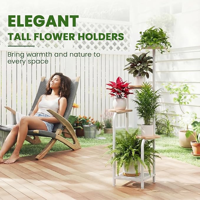TOSKING 5 Tier Metal Anti-Tip Plant Stand indoor, Wide Base for Pots, Child and Pet Friendly ,Heavy Duty Plant Shelf , Corner Shelf, Flower Pot Stand for Multiple Plants, Indoor Plants Tiered Stand for Living Room Balcony Garden Patio Bedroom (White an...