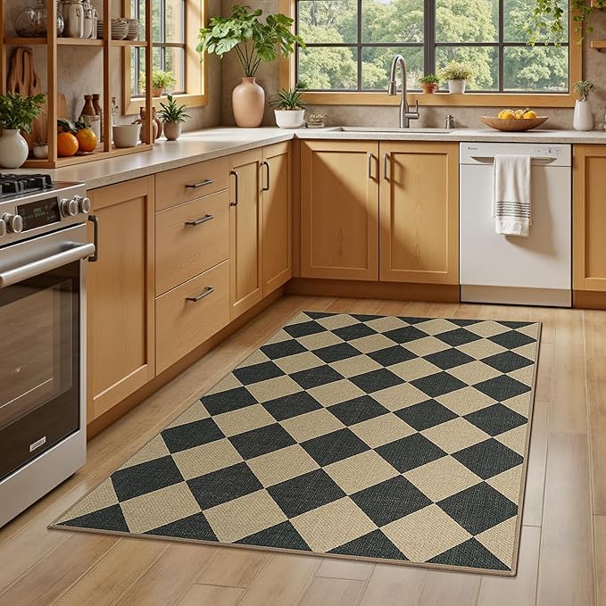 Lessymo Checkered 3x5 Outdoor Patio Rug, Washable Easy Jute Rugs for Entryway Indoor Outdoor Living Room Carpet, Farmhouse Non Slip Door Mat for Backyard Bedroom, Diamond Black/Beige