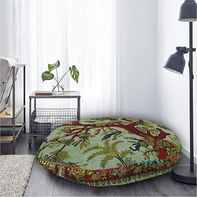 35 X 35 inch Large Mandala Floor Pillow Cushion Seating Throw Cover Hippie Decorative Bohemian Ottoman Poufs, Multi Pom Pom Pillow Cases,Boho Indian Pet Dog Bed Cover (Green T.L)