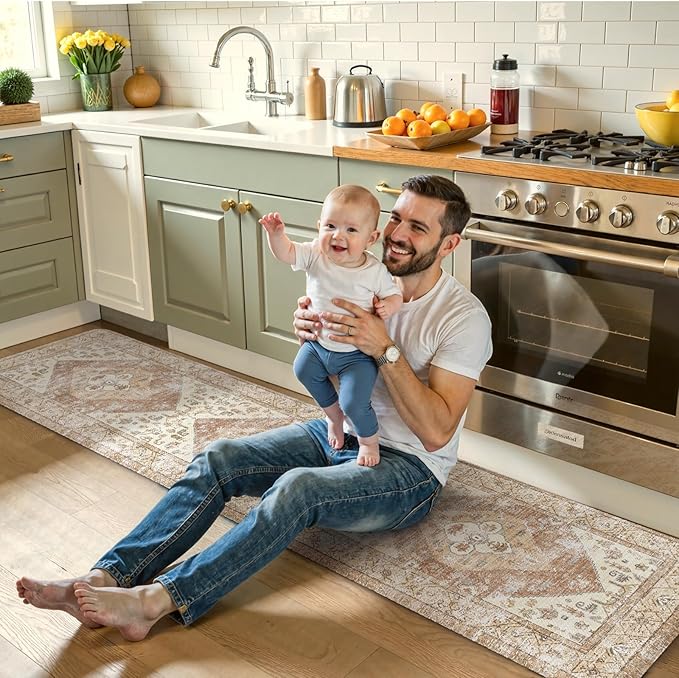 KIMODE Anti Fatigue Kitchen Mats Cushioned, Boho Oriental Kitchen Runner Rug 20"x71", Non Slip Waterproof Kitchen Mat for Floor, Comfort Foam Standing Desk Mat for Laundry Office Sink Khaki