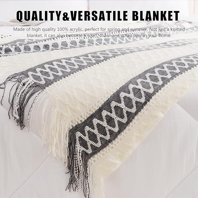 Quinnsus Knit Soft Lightweight Decorative Bed Throw Blankets, Jacquard Textured Boho Summer Throw Blanket with Tassels for Bed, Sofa and Living Room (Grey, 50 x 60 inches)