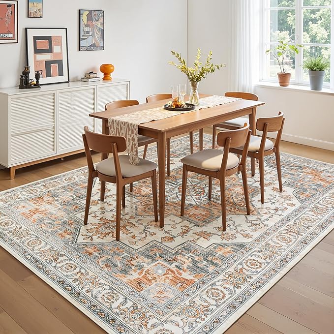 Lessymo 8×10 Area Rugs Washable for Living Room, Large Soft Indoor Rug Non-Slip for Bedroom Kitchen Dining Room Dorm Nursery, Vintage Boho Carpet Stain Resistant for Office Home Decor, Orange/White