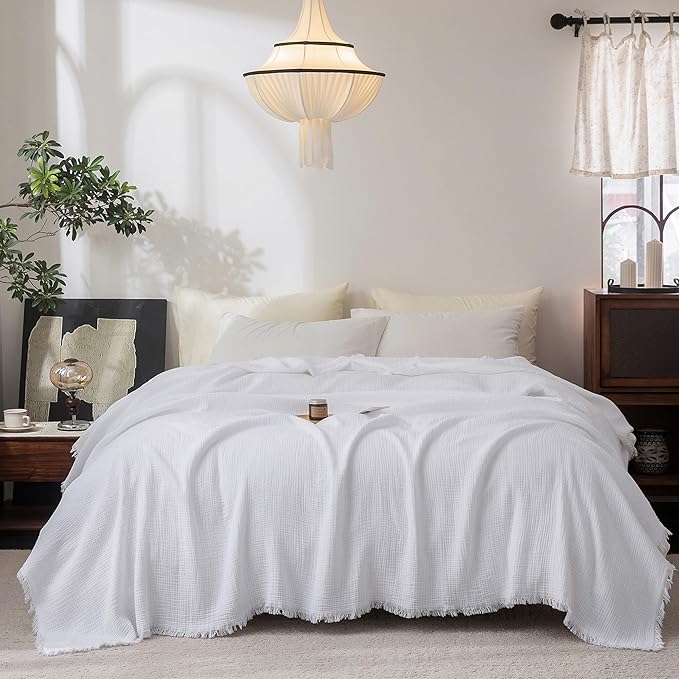 FOSSA Muslin Blanket with Fringe - 4-Layer 100% Cotton Gauze Super Soft & Breathable Throw -Lightweight Decorative Cooling Blanket for Bed, Sofa, Office (Bright White, Queen (90" × 90"))