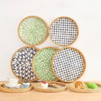 Round Rattan Tray with Mother of Pearl Inlay, Rattan Serving Tray with Wooden Base, Decorative Wicker Basket for Table Decor, Storage and Display of Coffee Bread Food Fruit (Checkerboard 13.5")