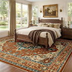Area Rugs 9'x12' Washable Non-Slip, Floral Vintage Distress Print Pattern Medallion Carpet for Living Room Bedroom Dining Room, Red Orange Blue Brown
