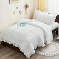 WONGS BEDDING Comforter Full Size, White Ruffle Comforter for Dorm Room Essentials for Full Bed, Soft Seersucker Textured Bedding Set Full Size Comforter Sets for Girls 90"×78"