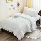 WONGS BEDDING Comforter Full Size, White Ruffle Comforter for Dorm Room Essentials for Full Bed, Soft Seersucker Textured Bedding Set Full Size Comforter Sets for Girls 90"×78"