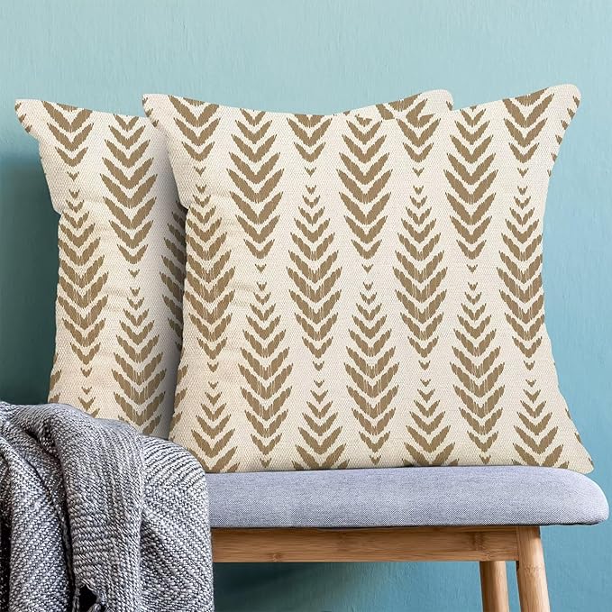 BETGINY Tan Khaki Boho Pillow Covers 16 x 16 Inch Pack of 2, Bohemian Ethnic Herringbone Pattern Decorative Throw Pillow Covers Linen Modern Geometry Farmhouse Outdoor Pillowcase for Sofa Couch Decor