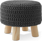 Casafield Pouf Ottoman Footstool, 13" Round x 11" High, Hand-Knitted Cotton Footrest, Non-Skid Wood Legs, Boho Foot Stool for Living Room, Bedroom (Gray)