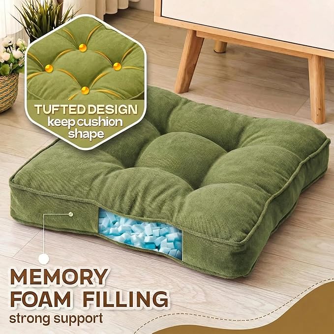Floor Pillow Set of 2, Memory Foam Floor Cushions for Adults, Large Meditation Pillow for Sitting, 22 x 22 Inches (Square | Green)