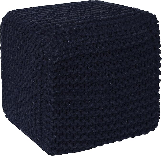 REDEARTH · Square Hand Knitted Pouf - Foot Stool Ottoman Coffee Table - Cotton Cord Boho Pouffe - Poof Accent Footrest for Living Room - Bedroom - Library (16" x 16" x 16") - Navy Blue, Set of 2
