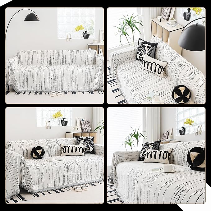 Chenille Couch Cover Pet Friendly, Sofa Cover Washable, Reversible Sofa Slipcover for Sectional Sofa, Loveseat, 2 or 3 Cushion Couch, Corner Sofa, Futon Cover (71" X 118", White)