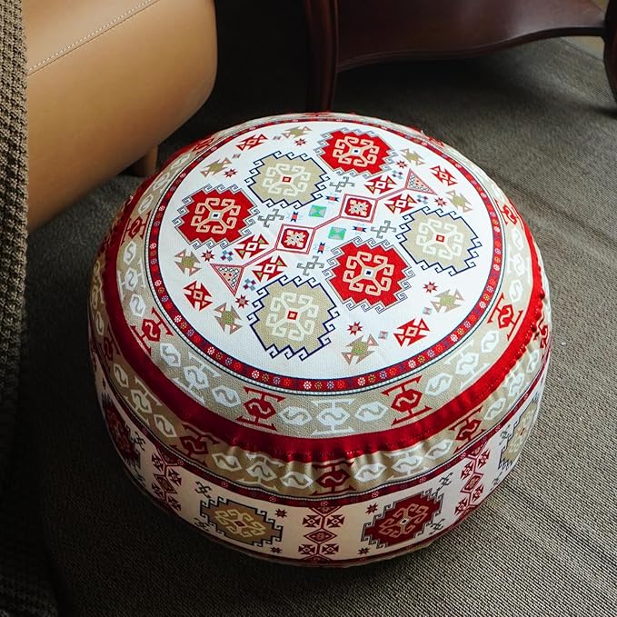 Unstuffed Pouf Cover Ottoman Footrest Bohemian Chenille Foot Stool Floor Bean Bag 20x8 Inches for Living Room Bedroom Home Decor (Red, Round)