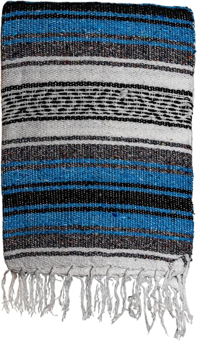 Large Mexican Blanket in Turquoise — Handcrafted Serape Falsa Yoga Blanket (73” x 48”) – Durable Throw for Camping, Beach & Outdoor Use – Artisan Craft, Made in Mexico from Recycled Fibers