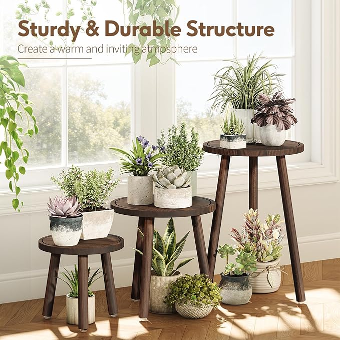 Uneedem Plant Stand Indoor - 3-Pack Taller Single Wood Plant Stand for 6-12 Inch Pots, Mid-Century Modern Plants Stool for Large Plants, Small Round Wooden Planter Table for Living Room, Balcony