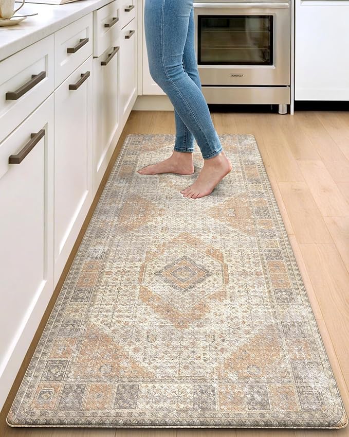 DEXI Kitchen Floor Mats Anti Fatigue, 23x59 Large Cushioned Vintage Runner Rug Waterproof, Standing Comfort Memory Foam Padded for Front Sink Laundry Office, Beige and Light Orange