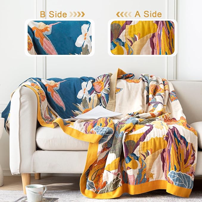 Boho Throw Blanket for Bed 90"x108", 100% Soft Cotton Bohemian Blankets with Rustic Floral Printed Decor, Spring Throw Blanket for Couch Cozy Breathable King Size All Season