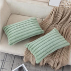 ZLINA Set of 2 Light Green Faux Fur Decorative Throw Pillow Covers Fluffy Striped Pillowcase Cushion Covers 12 x 20 Inch Decor Sofa Couch Bedroom