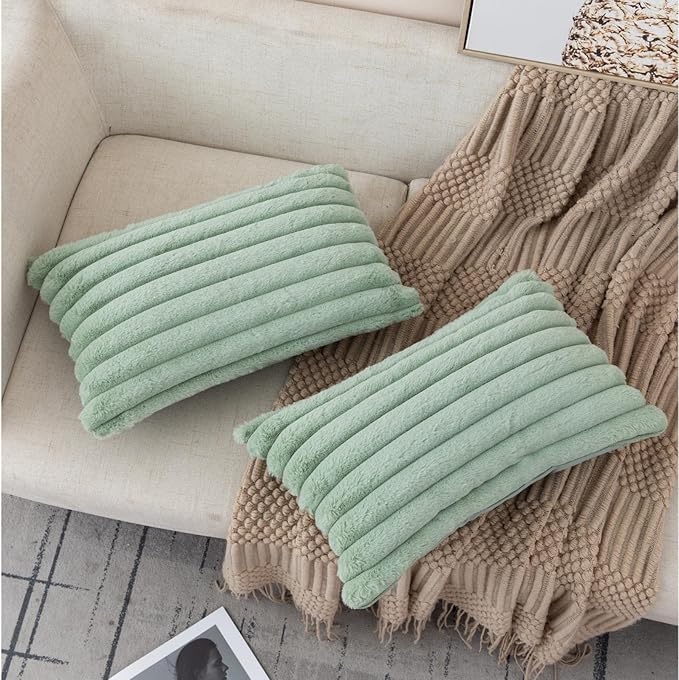 ZLINA Set of 2 Light Green Faux Fur Decorative Throw Pillow Covers Fluffy Striped Pillowcase Cushion Covers 12 x 20 Inch Decor Sofa Couch Bedroom