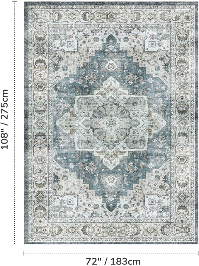 Lessymo Large Area Rugs for Living Room, Soft 6x9 Washable Rug for Bedroom Dining Room Nursery Room Farmhouse, Boho Non Slip Low Plie Carpet Vintage Floral Design, Blue Grey/Beige
