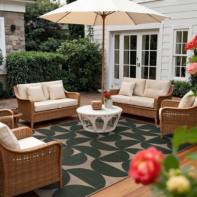 Lahome Modern Geometric Easy Jute 5x7 Washable Green Outdoor Rug, Non Shedding Woven Carpets for Living Room, Neutral Semi-Circle Non Slip Rug for Classroom Office Backyard