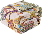 Boho Throw Blanket Farmhouse Decor Throw Blanket Bohemian Blanket for Bed 100% Cotton Muslin Woven Couch Blanket All Seasons Quilt Bedroom (Beige, 90"x98")