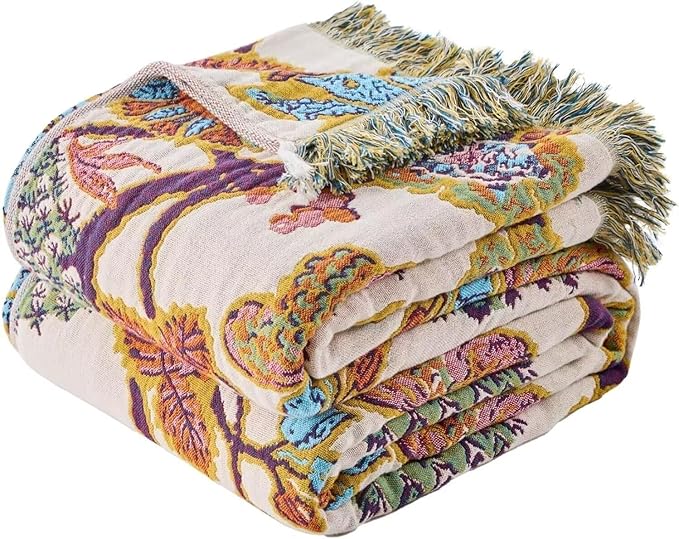 Boho Throw Blanket Farmhouse Decor Throw Blanket Bohemian Blanket for Bed 100% Cotton Muslin Woven Couch Blanket All Seasons Quilt Bedroom (Beige, 50"x60")