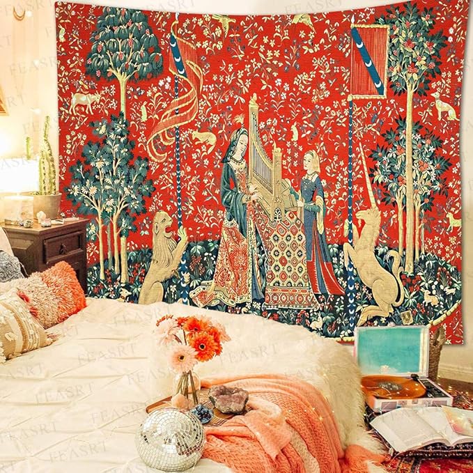 FEASRT Medieval French Art Tapestry - Maiden and Unicorn - European Royal Princess - Wall Hanging for 80x60 inch Bedroom & Living Room Decor