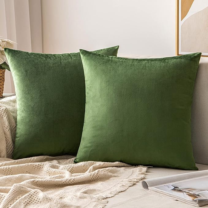 MIULEE Velvet Throw Pillow Covers 18x18 Inch, Pack of 2 - Moss Green, Soft Solid Decorative Pillow Covers Square Cushion Cases Farmhouse Modern Home Decor for Spring Couch Sofa Bedroom Living Room